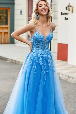 Lindo A Line Spaghetti Straps Blue Long Prom Dress com Apliques