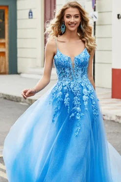 Lindo A Line Spaghetti Straps Blue Long Prom Dress com Apliques