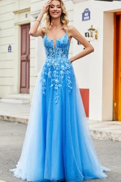 Lindo A Line Spaghetti Straps Blue Long Prom Dress com Apliques