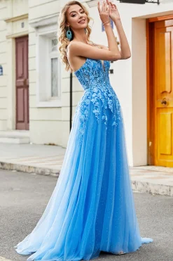 Lindo A Line Spaghetti Straps Blue Long Prom Dress com Apliques