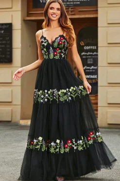 Lindo A Line Spaghetti Straps Preto Long Prom Dress com Bordado