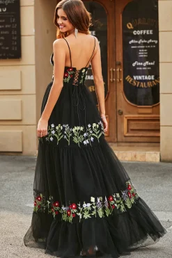 Lindo A Line Spaghetti Straps Preto Long Prom Dress com Bordado