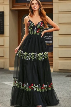 Lindo A Line Spaghetti Straps Preto Long Prom Dress com Bordado