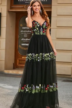 Lindo A Line Spaghetti Straps Preto Long Prom Dress com Bordado