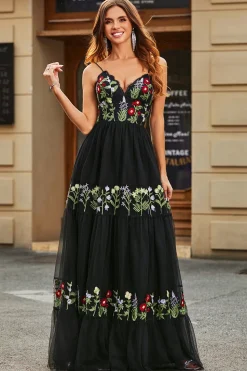 Lindo A Line Spaghetti Straps Preto Long Prom Dress com Bordado