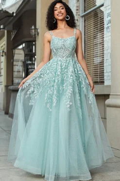 Lindo A Line Spaghetti Straps Mint Corset Prom Dress com Apliques