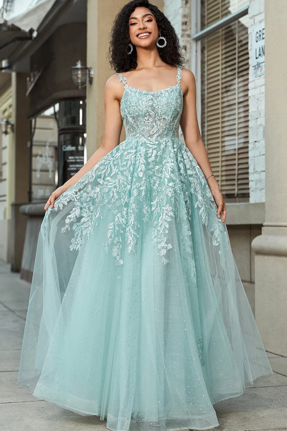 Lindo A Line Spaghetti Straps Mint Corset Prom Dress com Apliques