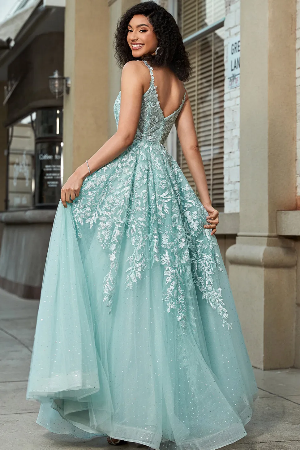 Lindo A Line Spaghetti Straps Mint Corset Prom Dress com Apliques