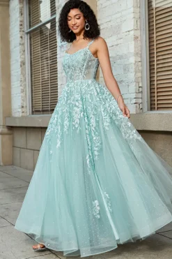 Lindo A Line Spaghetti Straps Mint Corset Prom Dress com Apliques