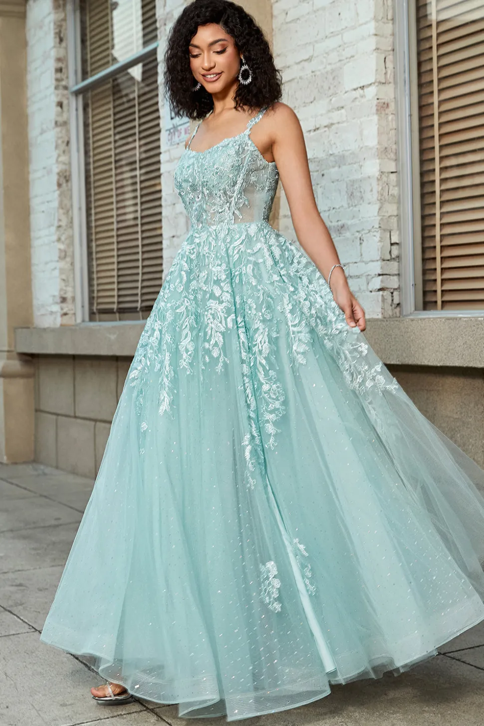 Lindo A Line Spaghetti Straps Mint Corset Prom Dress com Apliques