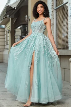 Lindo A Line Spaghetti Straps Mint Corset Prom Dress com Apliques