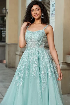 Lindo A Line Spaghetti Straps Mint Corset Prom Dress com Apliques