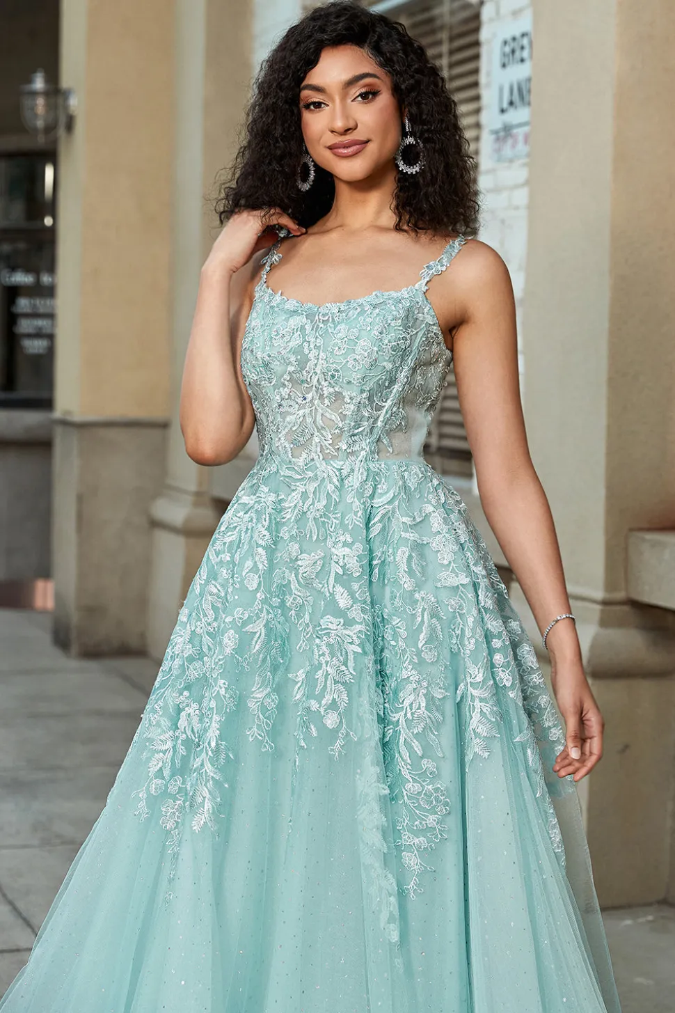 Lindo A Line Spaghetti Straps Mint Corset Prom Dress com Apliques