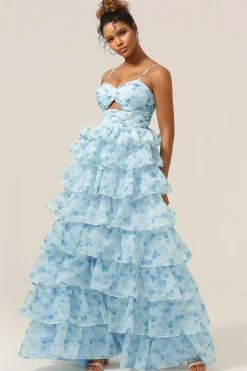 Lindo A Line Spaghetti Straps Cut out Tiered Blue Vestido de Madrinha