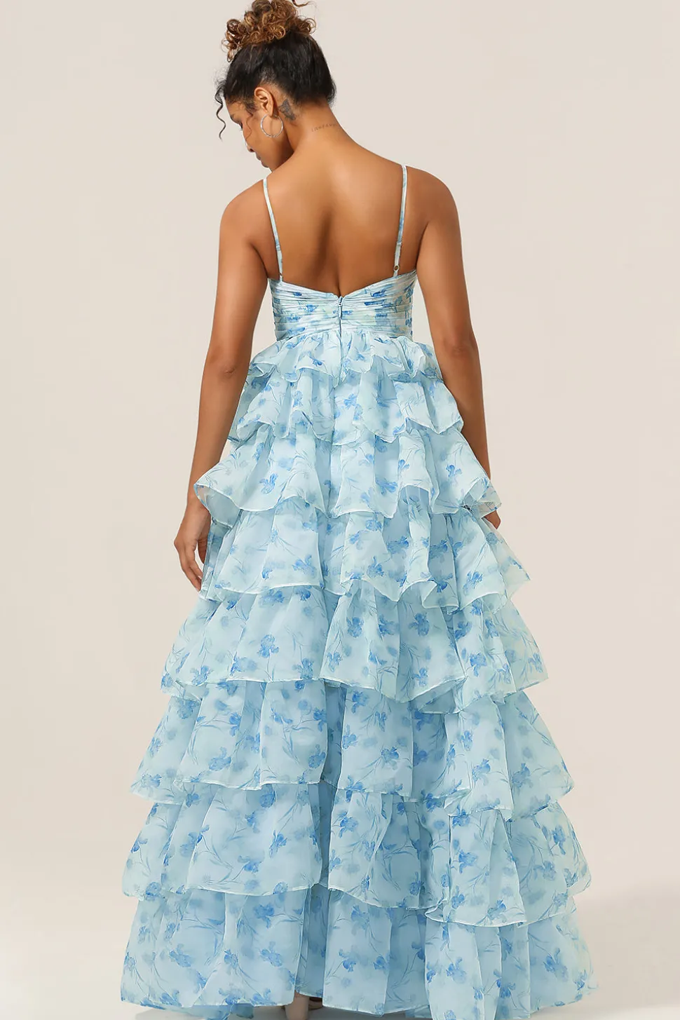 Lindo A Line Spaghetti Straps Cut out Tiered Blue Vestido de Madrinha
