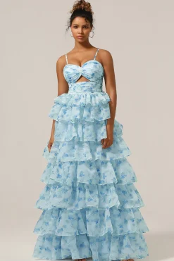Lindo A Line Spaghetti Straps Cut out Tiered Blue Vestido de Madrinha