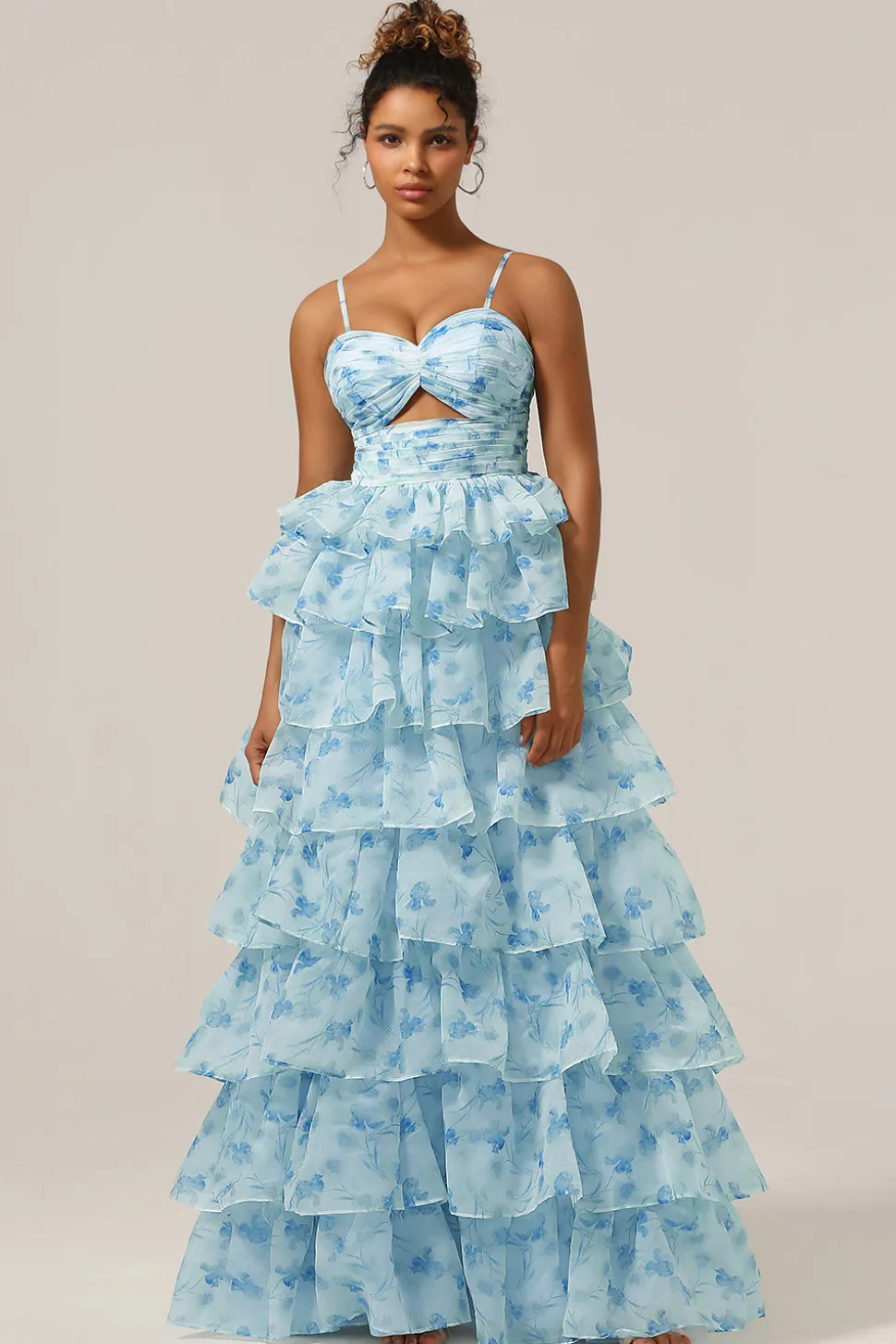Lindo A Line Spaghetti Straps Cut out Tiered Blue Vestido de Madrinha