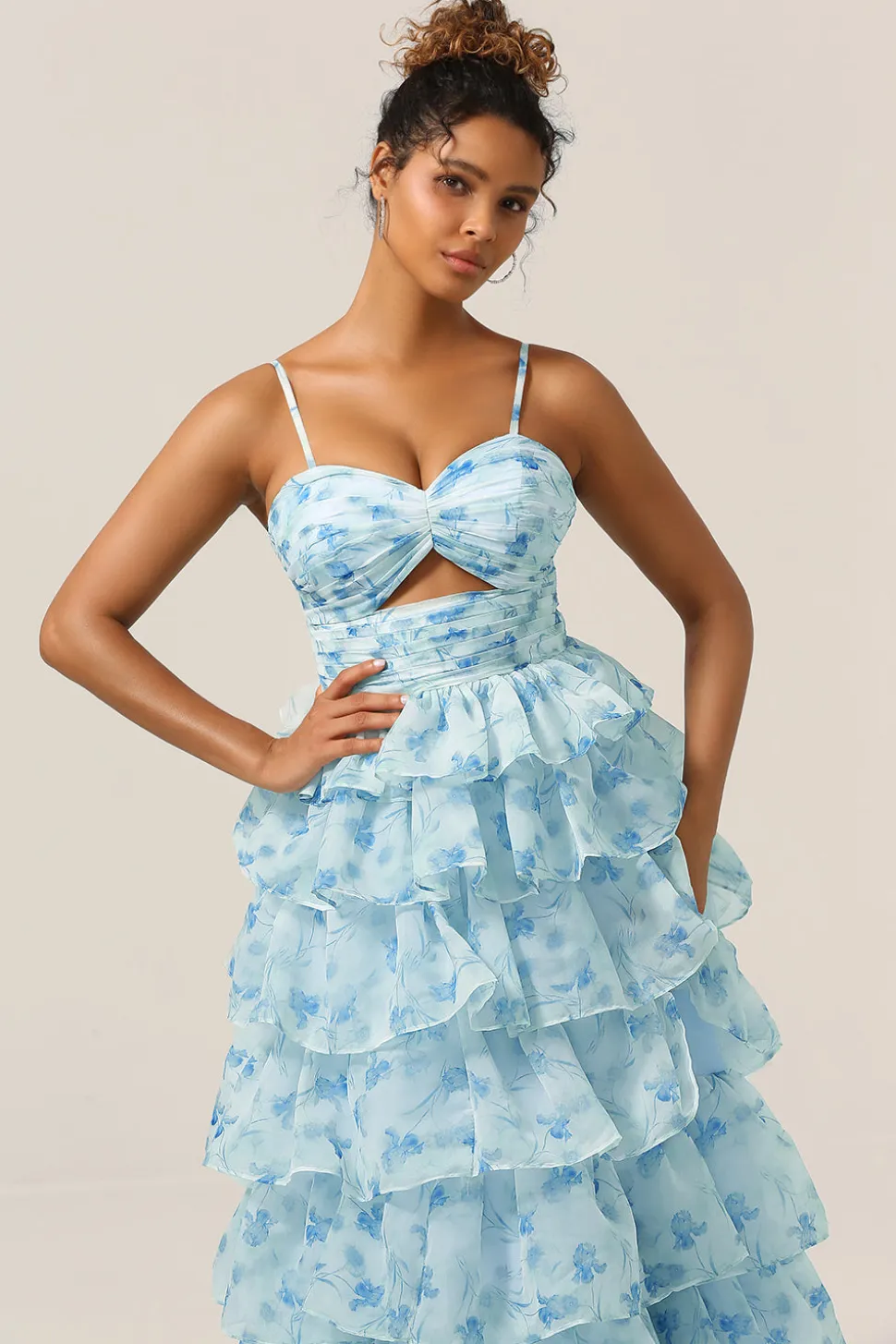 Lindo A Line Spaghetti Straps Cut out Tiered Blue Vestido de Madrinha