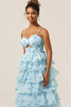 Lindo A Line Spaghetti Straps Cut out Tiered Blue Vestido de Madrinha