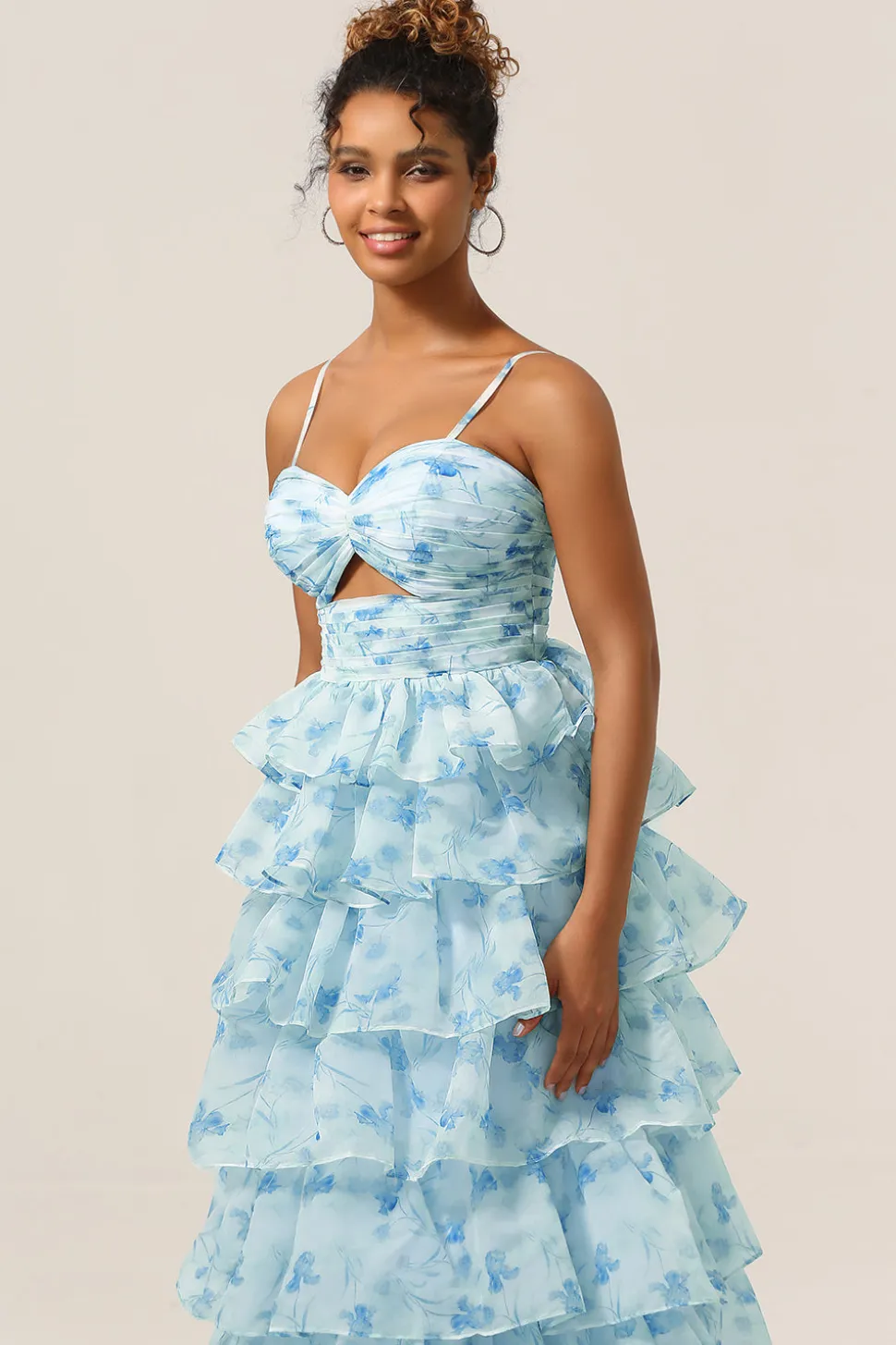 Lindo A Line Spaghetti Straps Cut out Tiered Blue Vestido de Madrinha