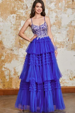 Lindo A Line Spaghetti Straps Royal Blue Long Prom Dress com Folhos Appliques