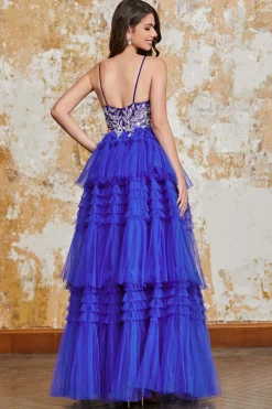 Lindo A Line Spaghetti Straps Royal Blue Long Prom Dress com Folhos Appliques