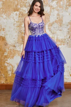 Lindo A Line Spaghetti Straps Royal Blue Long Prom Dress com Folhos Appliques