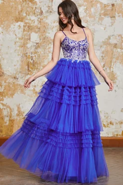 Lindo A Line Spaghetti Straps Royal Blue Long Prom Dress com Folhos Appliques