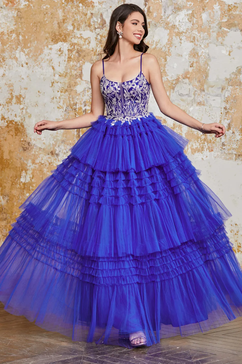 Lindo A Line Spaghetti Straps Royal Blue Long Prom Dress com Folhos Appliques