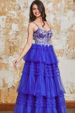 Lindo A Line Spaghetti Straps Royal Blue Long Prom Dress com Folhos Appliques