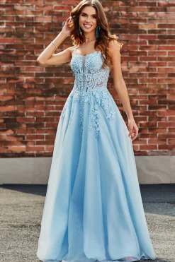 Lindo A Line Spaghetti Straps Light Blue Corset Prom Dress com Apliques