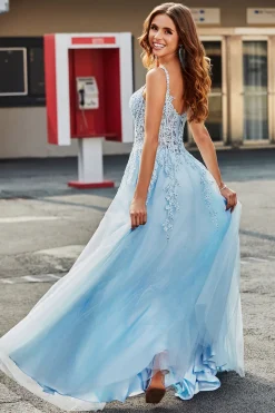 Lindo A Line Spaghetti Straps Light Blue Corset Prom Dress com Apliques