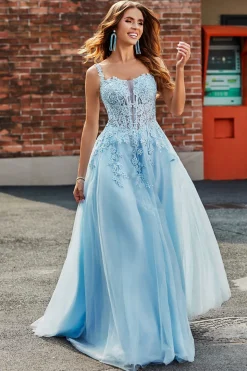 Lindo A Line Spaghetti Straps Light Blue Corset Prom Dress com Apliques
