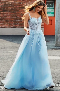 Lindo A Line Spaghetti Straps Light Blue Corset Prom Dress com Apliques