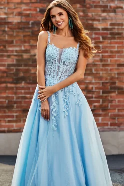 Lindo A Line Spaghetti Straps Light Blue Corset Prom Dress com Apliques