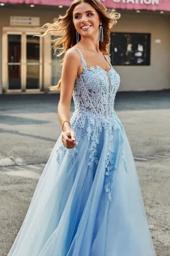 Lindo A Line Spaghetti Straps Light Blue Corset Prom Dress com Apliques