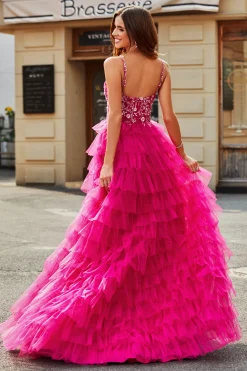 Lindo A Line Spaghetti Straps Fuchsia Long Prom Dress com Appliques Ruffles