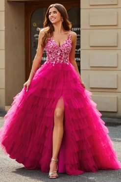 Lindo A Line Spaghetti Straps Fuchsia Long Prom Dress com Appliques Ruffles