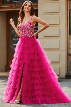 Lindo A Line Spaghetti Straps Fuchsia Long Prom Dress com Appliques Ruffles
