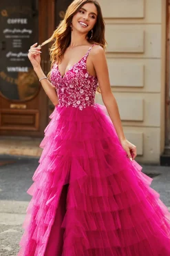 Lindo A Line Spaghetti Straps Fuchsia Long Prom Dress com Appliques Ruffles