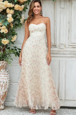 Lindo A Line Sweetheart Champagne Flower Long Bridesmaid Dress