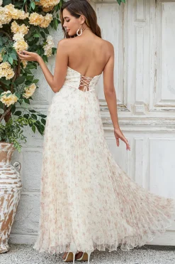 Lindo A Line Sweetheart Champagne Flower Long Bridesmaid Dress