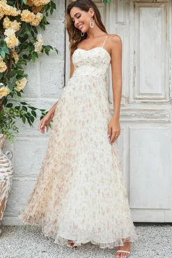 Lindo A Line Sweetheart Champagne Flower Long Bridesmaid Dress