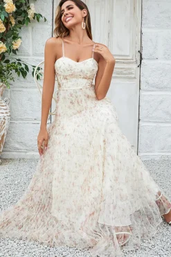Lindo A Line Sweetheart Champagne Flower Long Bridesmaid Dress