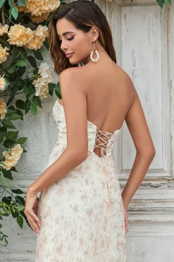 Lindo A Line Sweetheart Champagne Flower Long Bridesmaid Dress