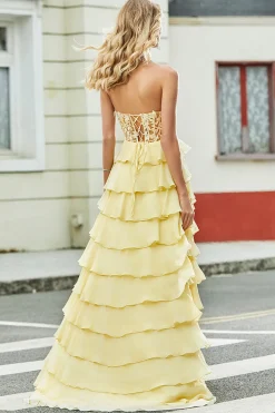 Lindo A Line Sweetheart Yellow Corset Prom Dress com Appliques Ruffles