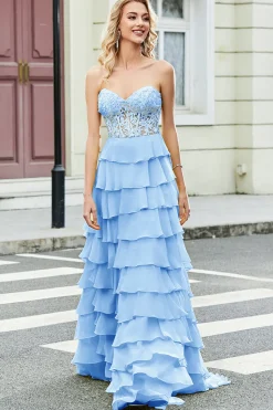 Lindo A Line Sweetheart Yellow Corset Prom Dress com Appliques Ruffles
