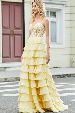 Lindo A Line Sweetheart Yellow Corset Prom Dress com Appliques Ruffles