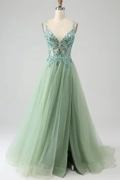 Lindo A Line V Neck Light Green Long Prom Dress com Appliques