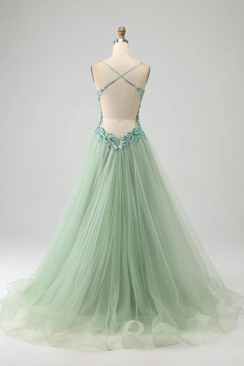 Lindo A Line V Neck Light Green Long Prom Dress com Appliques